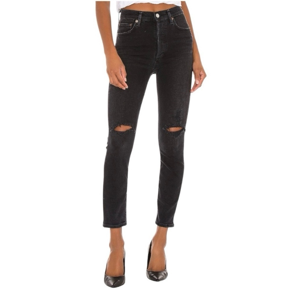 AGOLDE Nico High Rise Slim Fit Button Fly Distressed in Cassette Black, Size 25